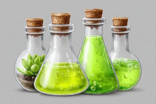 Colorful laboratory flasks with vibrant green liquids and small succulent plants symbolizing innovation in eco-friendly experimentation and natural resource sustainability