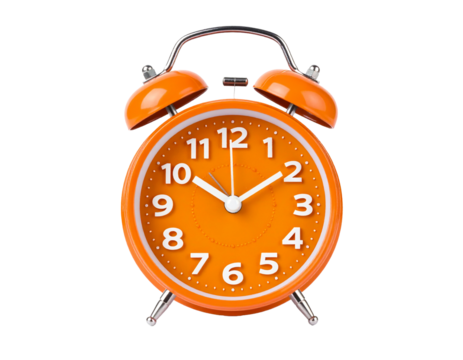 Orange alarm clock isolated on white, retro style timepiece.