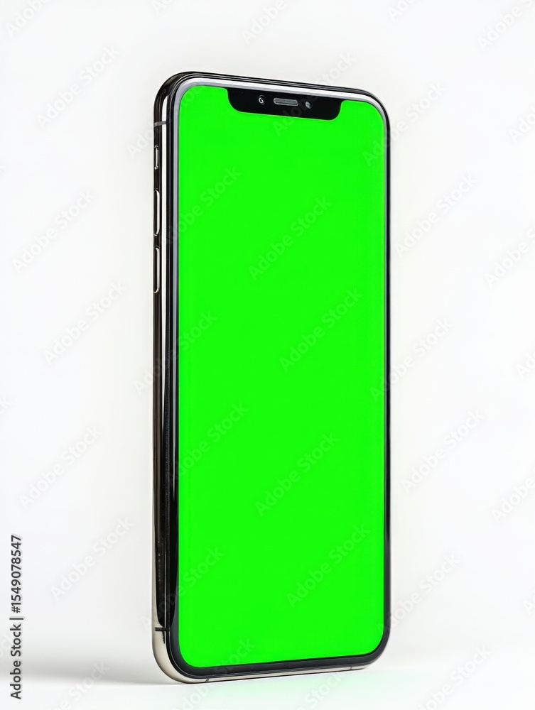 Poster modern smartphone with a vivid green screen in a sleek design on a light background