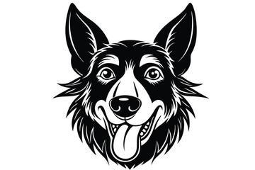 Black and white depicts a smiling dog head with tongue visible