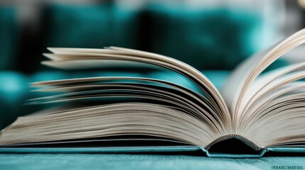 An artistic close-up of an open book with pages fluttering, creating a sense of movement and life, symbolizing knowledge and the journey through literature. Perfect for book lovers.