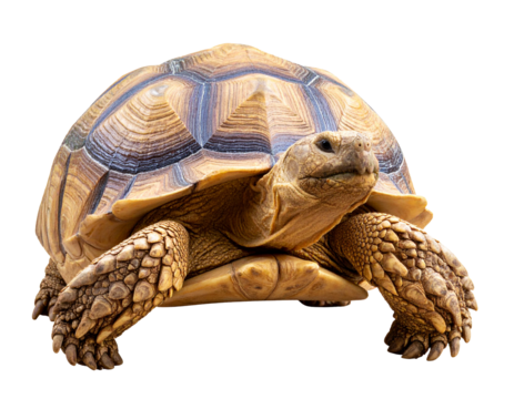 Tortoise isolated on white, slow-moving reptile with hard shell.
