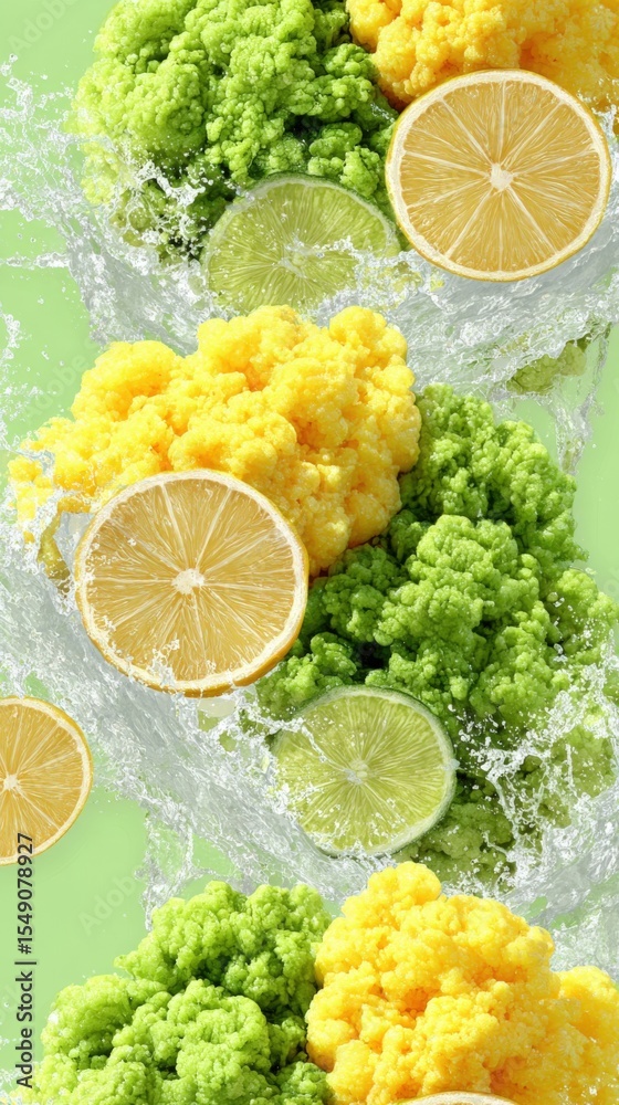 Poster colorful cauliflower and lemon slices in water with splashes and freshness