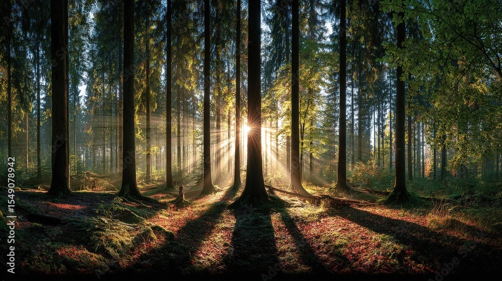 Aufkleber Sunlight Streaming Through Tall Forest Trees with Shadow Patterns and Green Canopy