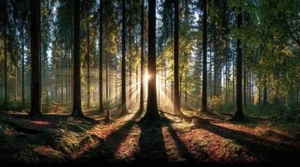 Obraz premium Sunlight Streaming Through Tall Forest Trees with Shadow Patterns and Green Canopy