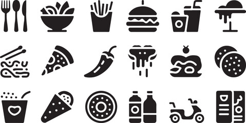 Black food icons with soda, burger, fries, and delivery glyphs