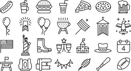 American 4th of July celebration icons with liberty, fireworks, food, and patriotic themes