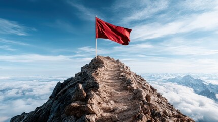 Fototapeta premium The image showcases a striking red flag planted on a rocky mountain summit, symbolizing achievement, adventure, and the beauty of nature against the expansive blue sky.
