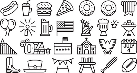 Line art icons of July 4 patriotic food, symbols, flags, and party decor
