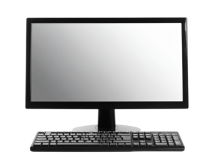 Desktop computer isolated on white, monitor and keyboard setup.
