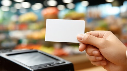 Close-up of a person holding a blank white credit card near a payment terminal in a retail store