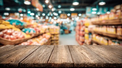 Fototapeta premium Wide view of supermarket aisle with shelves stocked with food and grocery products