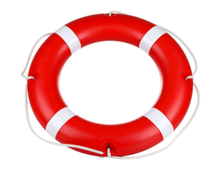 Red lifebuoy isolated on white, rescue floatation device.