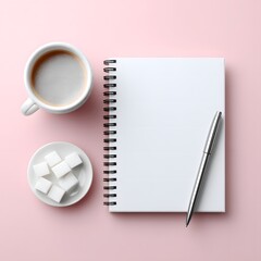 An overhead shot shows a simple desk setup with a spiral notebook, pen, coffee cup, and sugar cubes arranged on a soft pastel pink background surface setting.