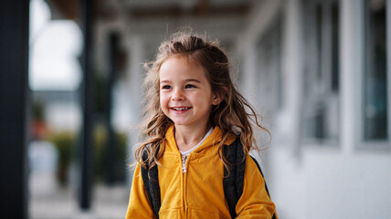 Fototapeta premium Young girl smiling with backpack outdoors in a sunny setting 