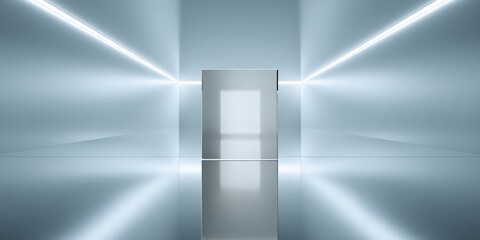 Futuristic minimalist hallway with glowing lines and central doorway light