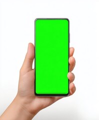 Hand holding a modern smartphone with a bright green screen in portrait orientation