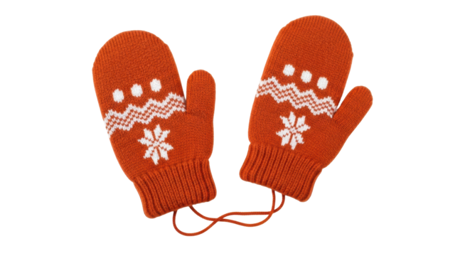 Isolated Orange Winter Mittens with Snowflake Pattern