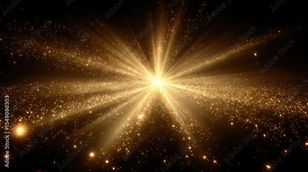 Poster bright golden light explosion with radiant sparks and sparkling particles in depth