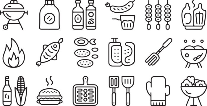 Line style food and BBQ icon pack for cookout and summer grill themes