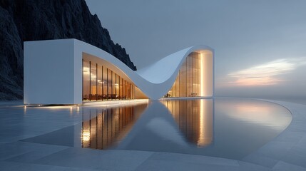 Modern futuristic architecture building with sleek curves and glass facade at dusk