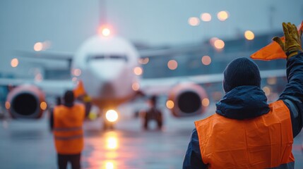 Obraz na płótnie Canvas Ground Staff Guide Airplane Parking Traffic Control At Modern Airport Du Night
