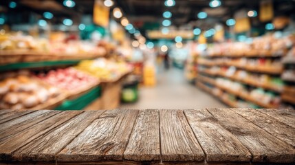 Wide angle view of supermarket produce aisle with wooden table in foreground showcasing fresh fruits and vegetables