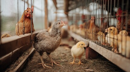 Domestic farm chickens and chicks inside a modern outdoor poultry pen on a farm