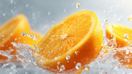 Vibrant fruit splash of orange segments and juice droplets on a softly blurred white backdrop