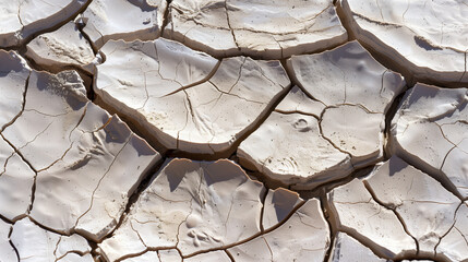 Macro Photograph of Parched Earth Texture: Extreme Close-Up Revealing Deep Fissures and Geological Stratification Under Intense Sunlight
