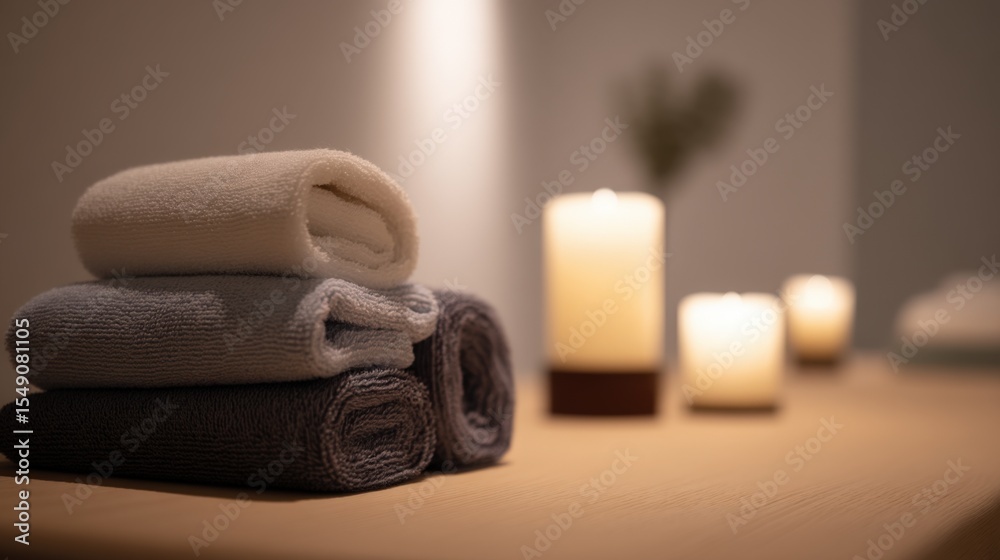 Aufkleber cozy spa setting with neatly folded towels candles and calming ambient lighting