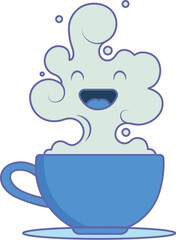 Happy Steam Rising from a Blue Coffee Cup minimalist vector. 