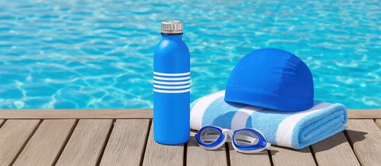 Summer Essentials: Swim Gear on Dockside Towel with Water Reflections - Active Lifestyle Concept