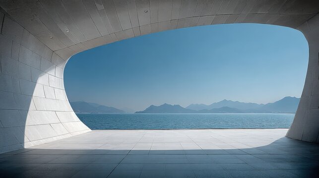 Modern architectural opening overlooking scenic mountain and lake landscape