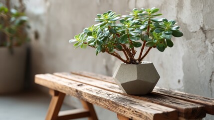 Interior mockup of a jade plant in a geometric pot on a rustic bench with blank space for text and softly blurred background