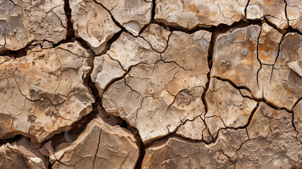 Macro Photograph of Parched Earth Texture: Extreme Close-Up Revealing Deep Fissures and Geological Stratification Under Intense Sunlight