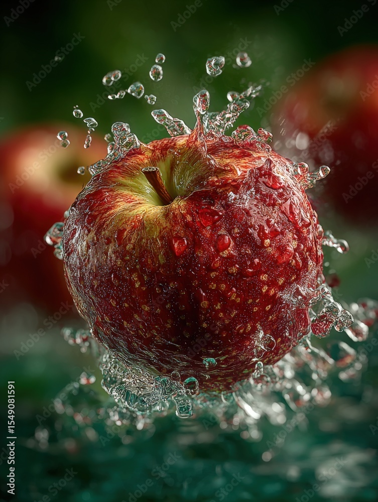 Poster Fresh red being splashed with water droplets in dynamic close-up shot