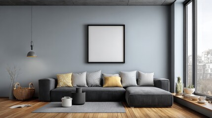 Modern minimalist living room with large window, cozy sofa and contemporary decor