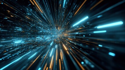 Fototapeta premium Abstract digital light streaks with glowing blue particles in motion futuristic background