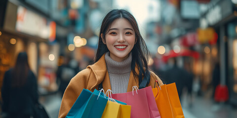 A cheerful Asian woman smiles brightly, carrying colorful shopping bags on a busy city street.