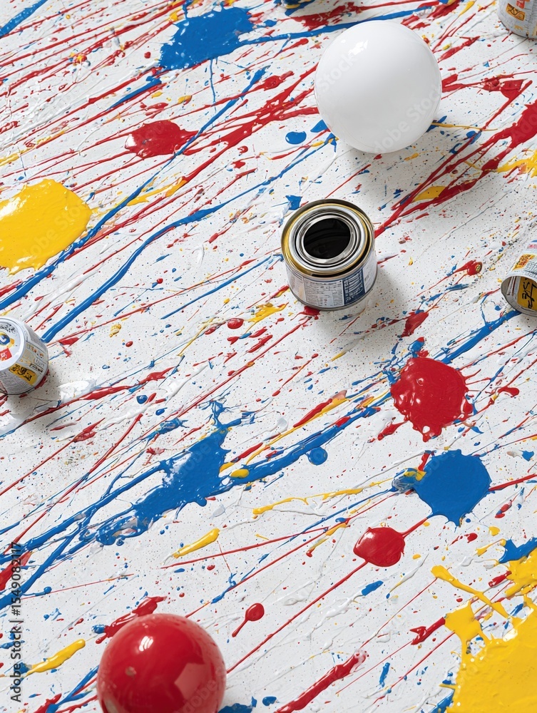 Poster artistic messy colorful paint splashes with paint cans and a white sphere on splattered table