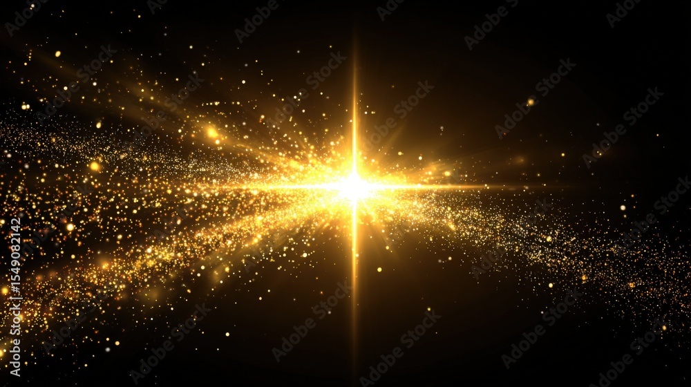 Poster bright golden explosion of sparkling particles and radiant light in space scene
