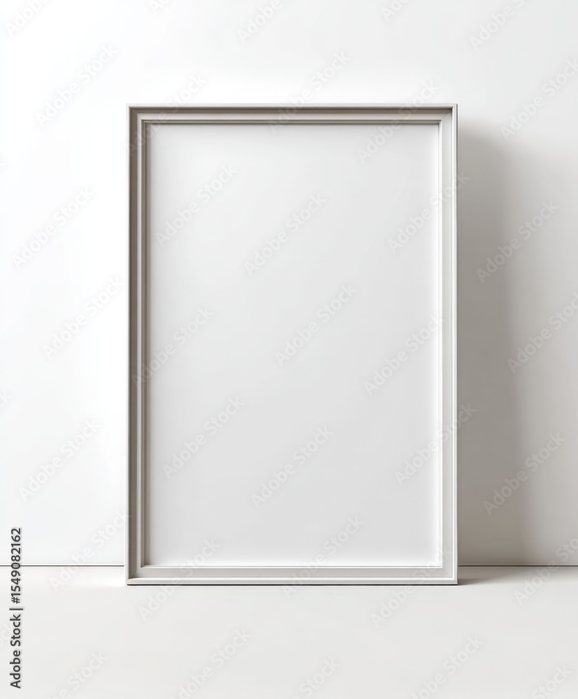 Poster empty silver picture frame leaning against white wall with shadowing and minimalist style