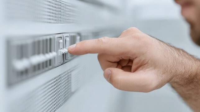 Close-up of a man's hand pressing a button on a modern electronic control panel in a technology environment