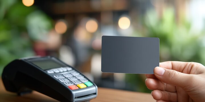 Person Holding Credit Card Near Point of Sale Terminal for Payment Transaction