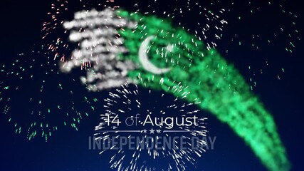 August 14, pakistan independence day. Fireworks pakistani flag on dark sky background. Pakistan national holiday august 14th. Independence day card. Fireworks, flag. Animated greeting card