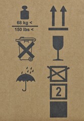 Warning labels packaging symbols silhouette shapes umbrella glass arrows, this way up fragile keep dry height weight limit transportation logistics instructions.