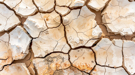 Macro Photograph of Parched Earth Texture: Extreme Close-Up Revealing Deep Fissures and Geological Stratification Under Intense Sunlight