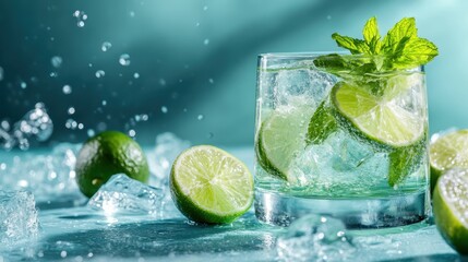 A refreshing mint lime cocktail garnished with fresh mint leaves and lime slices, set against an aqua backdrop highlights its thirst-quenching nature.