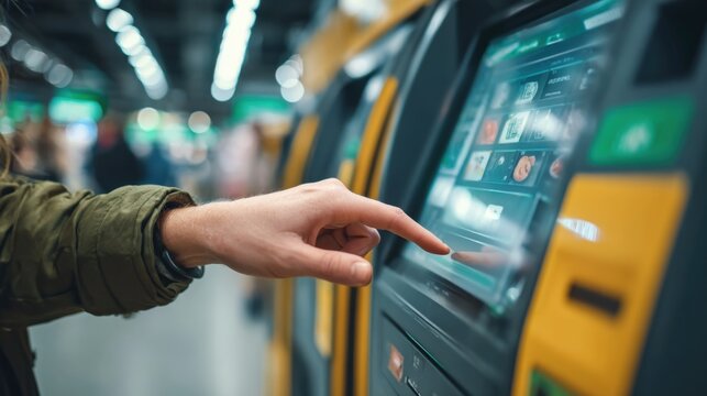 Person Using Touchscreen ATM Machine in Public Indoor Space with Multiple Machines - Powered by Adobe